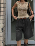 Retro Pleated Wide Leg Straight Denim Shorts Without Belt
