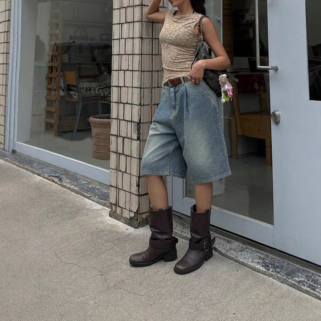 Retro Pleated Wide Leg Straight Denim Shorts Without Belt